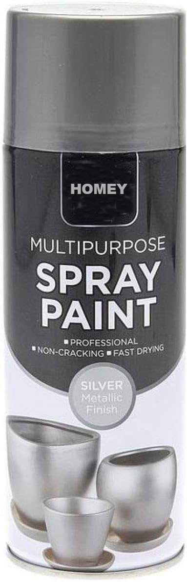 Homey 400ml Professional Quality Fantastic Finish All-Purpose Interior Exterior Household Spray Paint for Wood Metal Plastic Ceramics & More (Metallic Silver)